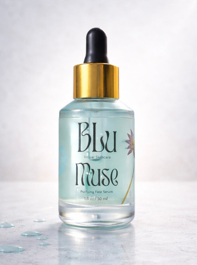 Blu Muse Face Serum with Egyptian Blue Lotus, Jojoba& Blue Tansy, 1 fl oz dropper bottle.